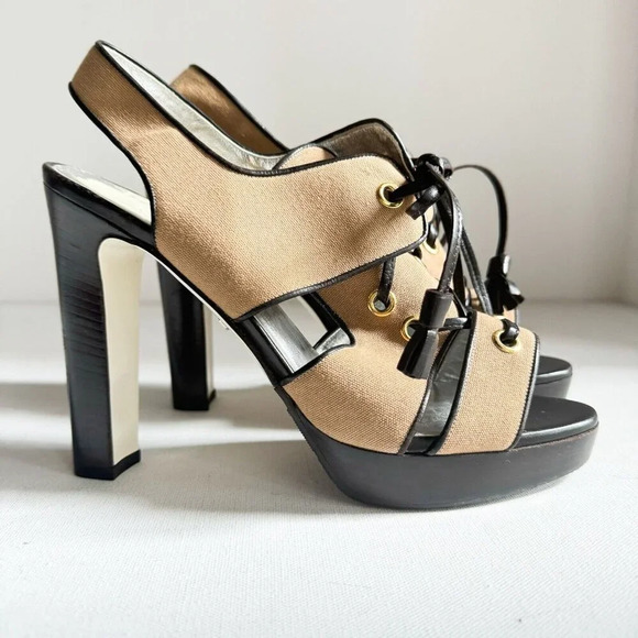 Ron White Canvas  Strappy Safari Style High Heel Sandals - Picture 1 of 11